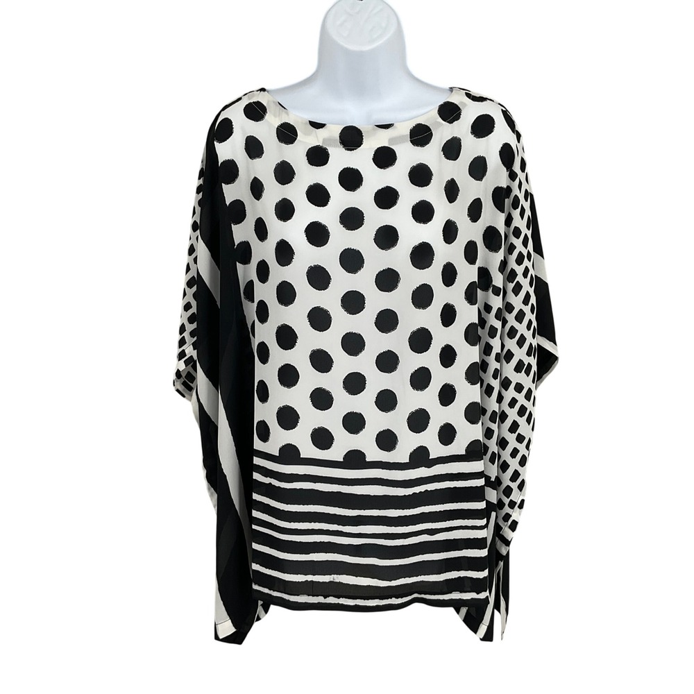 Chico's Blouse Womens Sz S Black White Polka Dot Geometric Kaftan Art to Wear